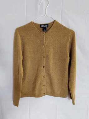 Lands' End 100% Cashmere Crew Neck Button-Down Cardigan - Camel/Tan Petite XS